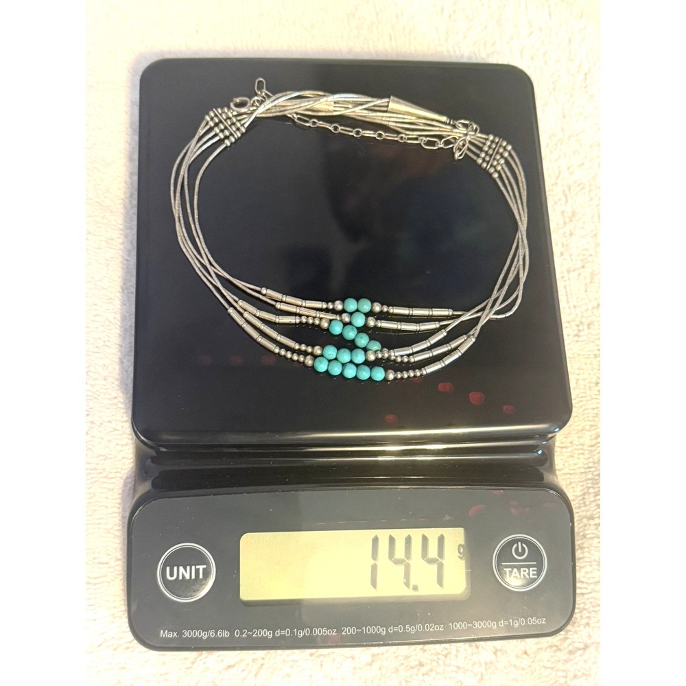 Vintage 5-Strand Liquid STERLING SILVER and Turquoise Beaded 18" Necklace - Picture 15 of 16